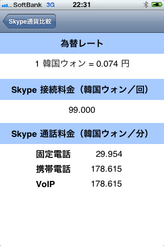 Skype 通貨比較スクリーンショット