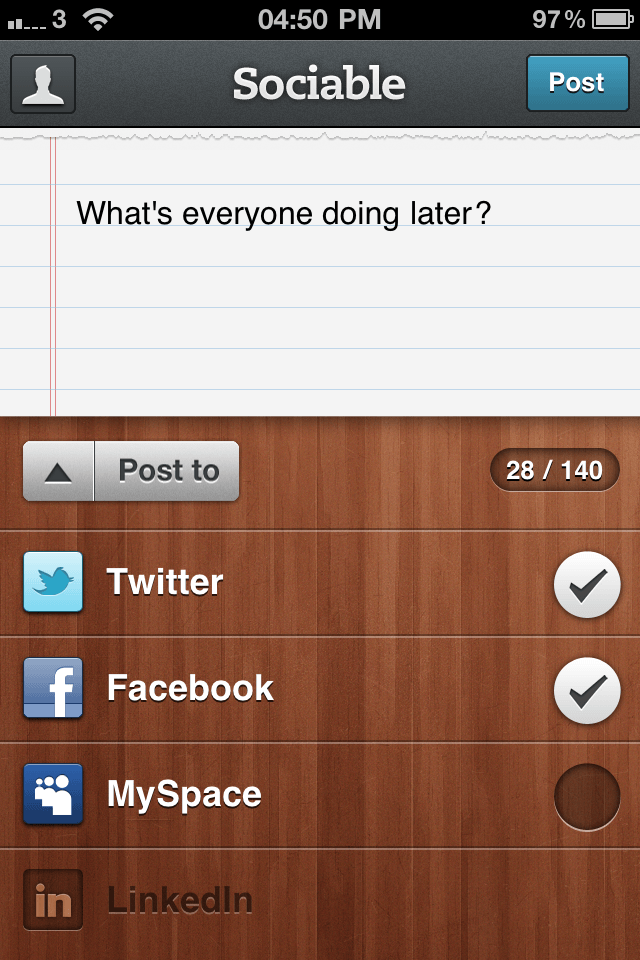 Sociable – Update your Twitter, Facebook, Myspace and Linkedin statusスクリーンショット