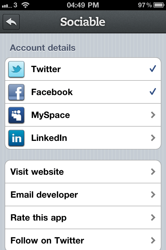 Sociable – Update your Twitter, Facebook, Myspace and Linkedin statusスクリーンショット