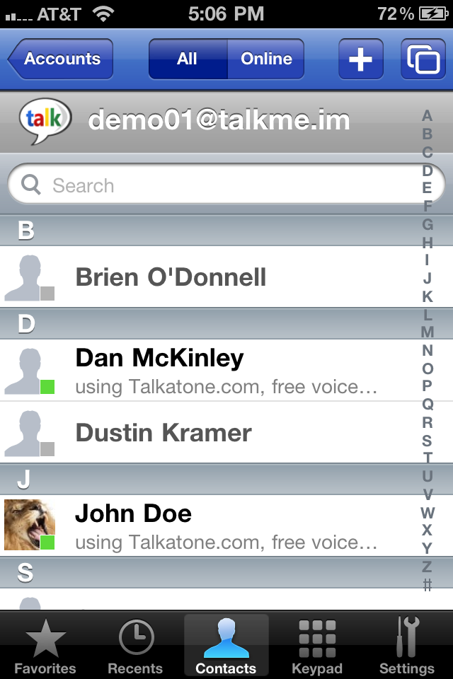 Talkatone – free calls, SMS texting and IM chat (Facebook and VoIP Google Voice).スクリーンショット