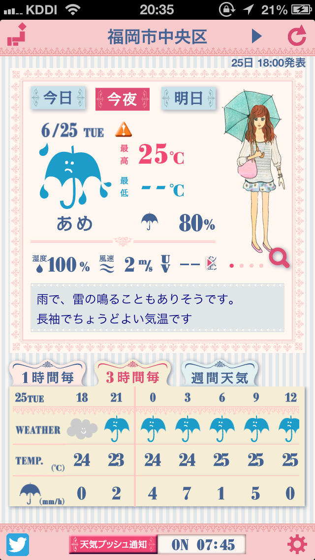 おしゃれ天気 女子に人気の今日のコーデと天気が一度にわかる かわいい画面の天気予報アプリ！スクリーンショット